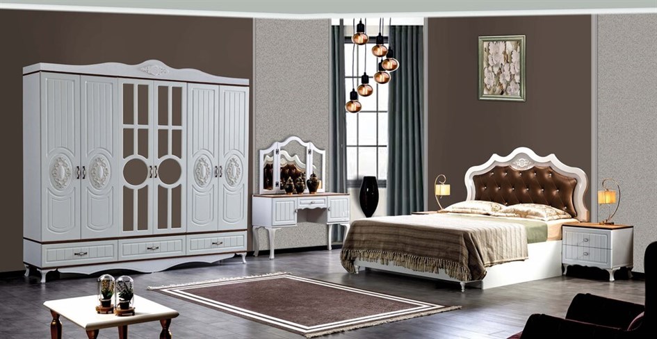 Dardason Papatya Yatak Odası Takımı Başlıklı-Beyaz/Ceviz-(Başlık Rengi:Bakır)Modern Yatak Odası Takımı