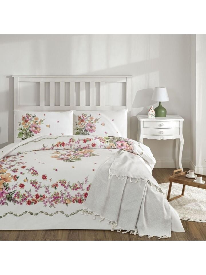 Taç 4654 Petunia Throwlu Çift Kişilik Nevresim Takımı Pembe