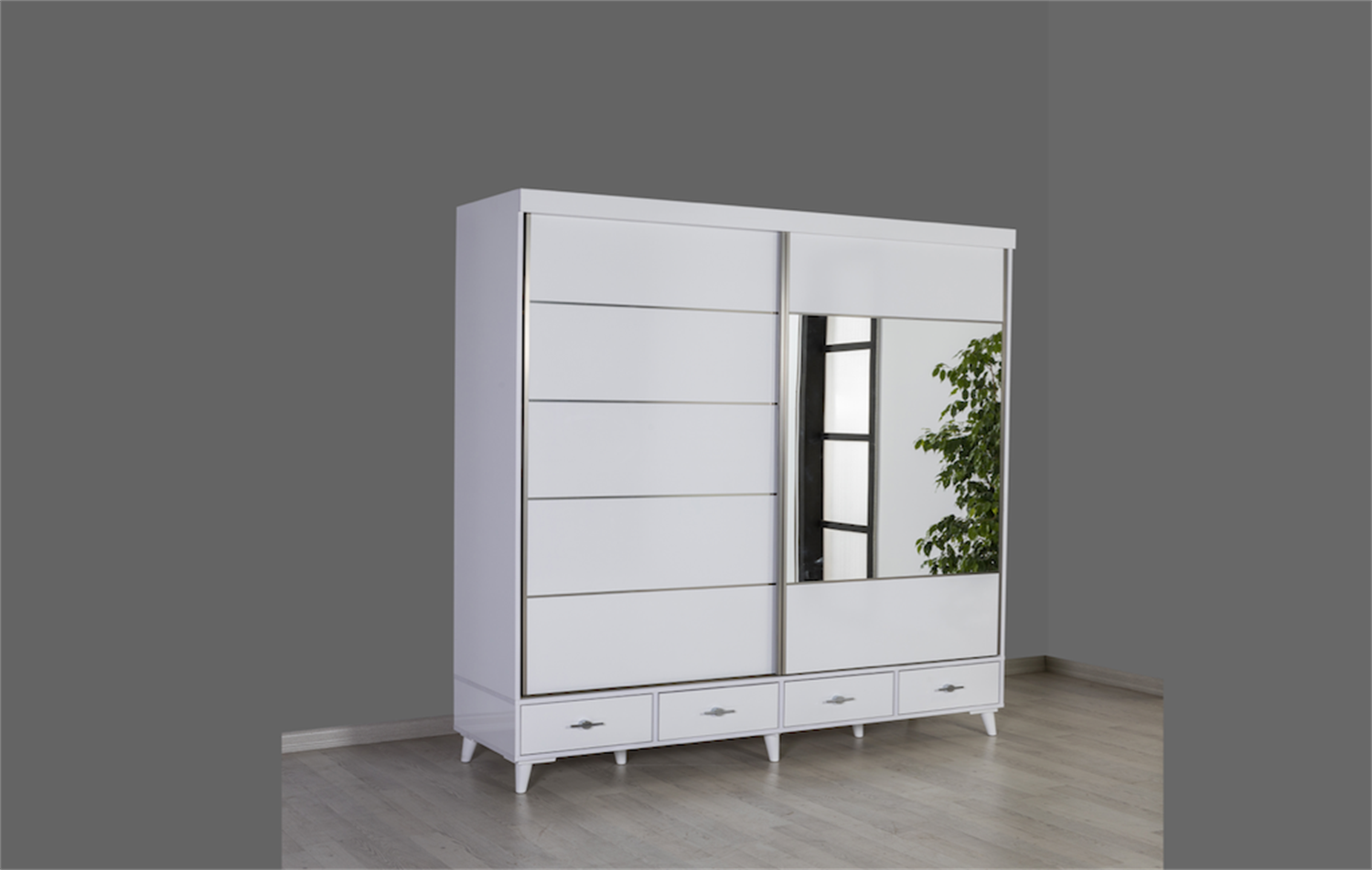 Kzn 200 Cm Km.16.004 Sürgülü Gardırop (Çekmeceli)-Beyaz