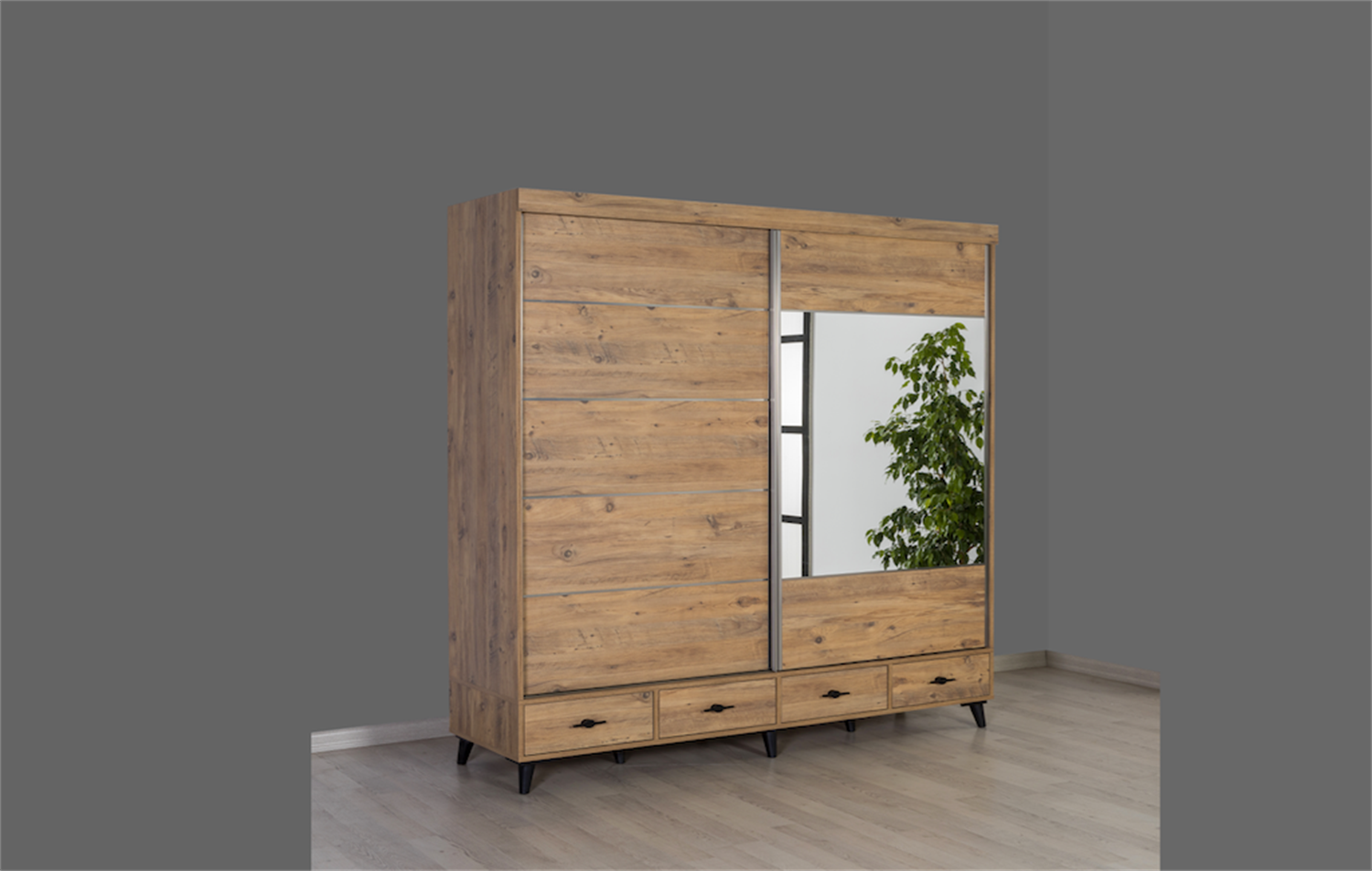 Kzn 200 Cm Km.16.004 Sürgülü Gardırop (Çekmeceli)-Atlantik Çam