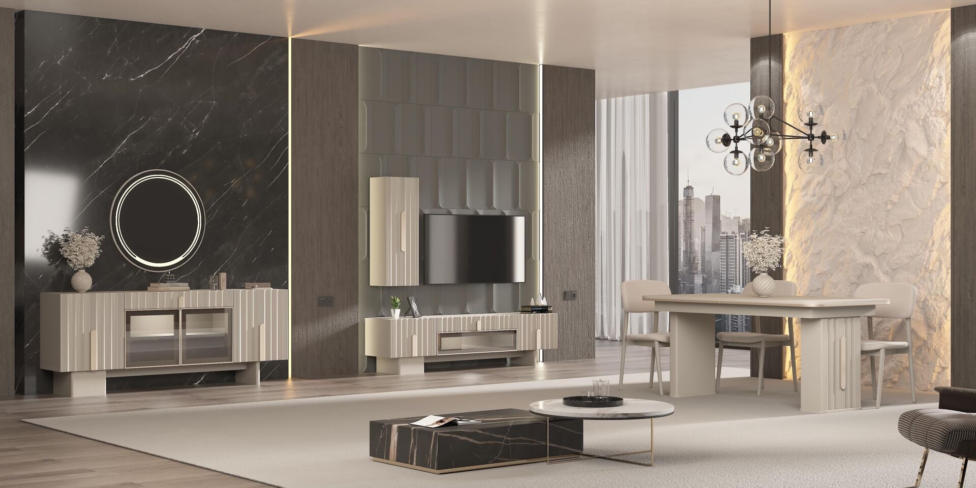 GÜNDAYS KOSOVA YEMEK ODASI TAKIMI(ÜNİTE+KONSOL+AYNA+MASA+6 AD.SAND.)