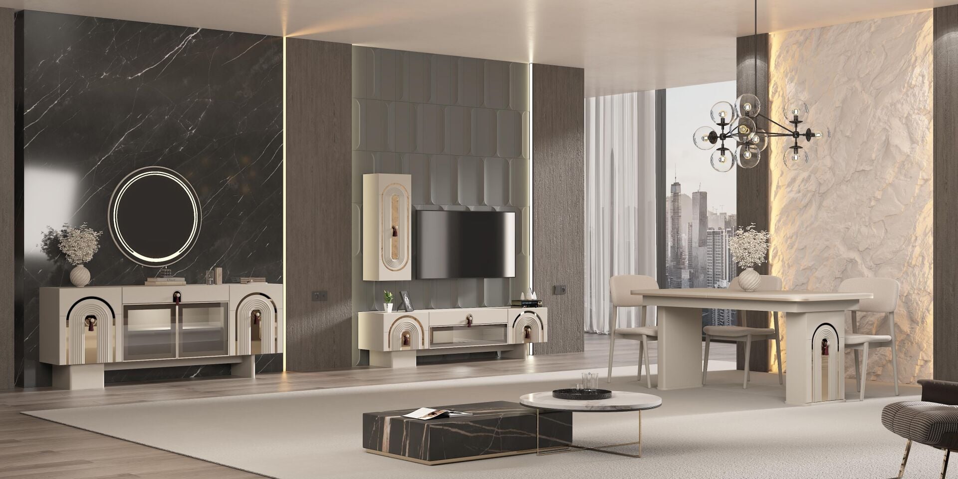 GÜNDAYS ROMA YEMEK ODASI TAKIMI(ÜNİTE+KONSOL+AYNA+MASA+6 AD.SAND.)