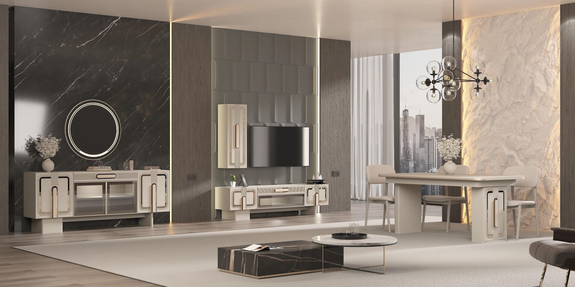 GÜNDAYS MİLANO YEMEK ODASI TAKIMI(ÜNİTE+KONSOL+AYNA+MASA+6 AD.SAND.)