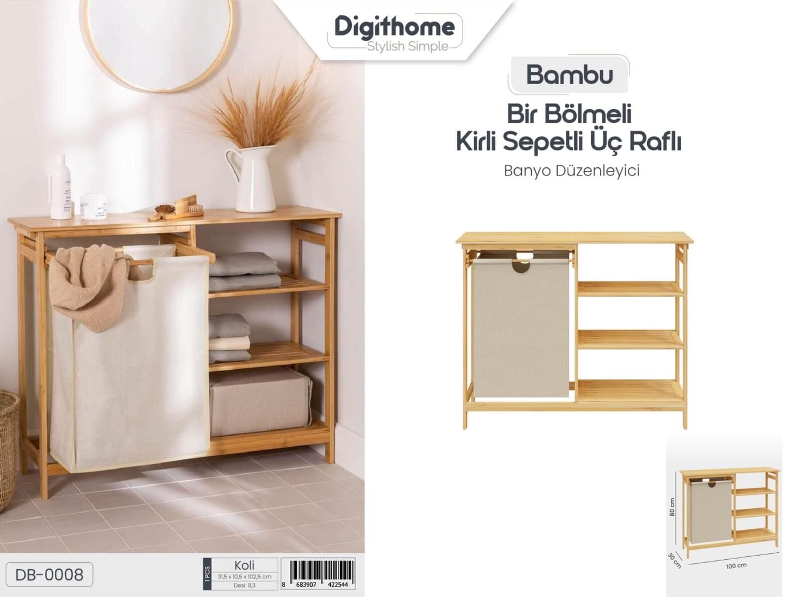 DİGİTHOME BAMBU DB-0008 3 RAFLI TEK BÖLMELİ KİRLİ SEPETİ