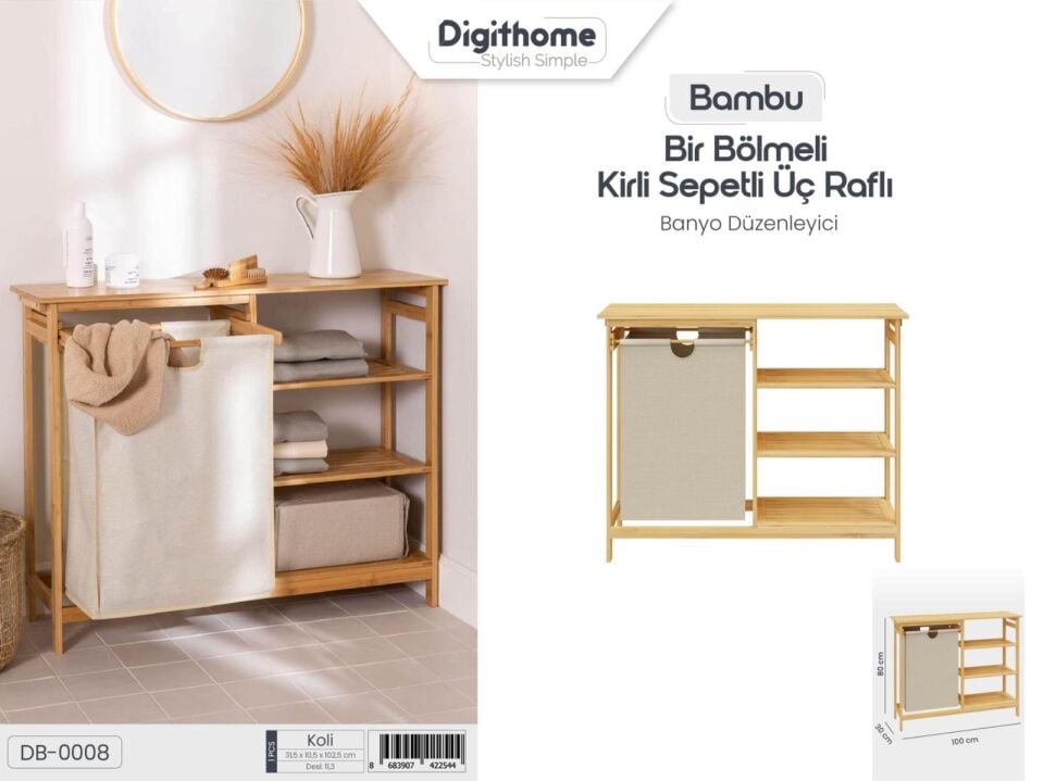 DİGİTHOME BAMBU DB-0008 3 RAFLI TEK BÖLMELİ KİRLİ SEPETİ