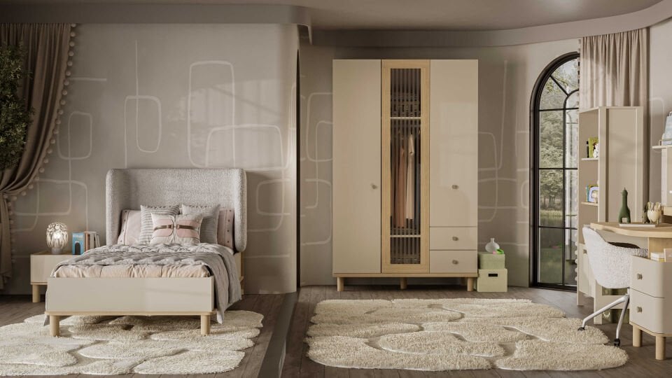 SEVEN MAYA GENÇ ODASI TAKIMI(3 KAP.DOLAP+Ç.MASASI ALT MODÜL+BAŞLIKLI 100LÜK KARYOLA)