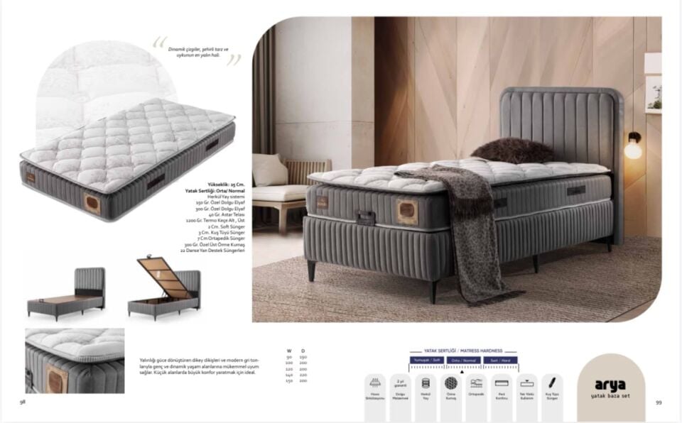 DÖŞEK ARYA 100*200 BAZA SET-HASIR58 GRİ