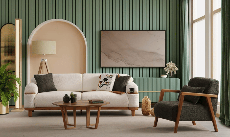 İPEĞİM BOHEM 3+3+1 KOLTUK TAKIMI(3LÜ VE TEKLİ PANDORA 10 YEŞİL+3LÜ PANDORA 21 KREM)