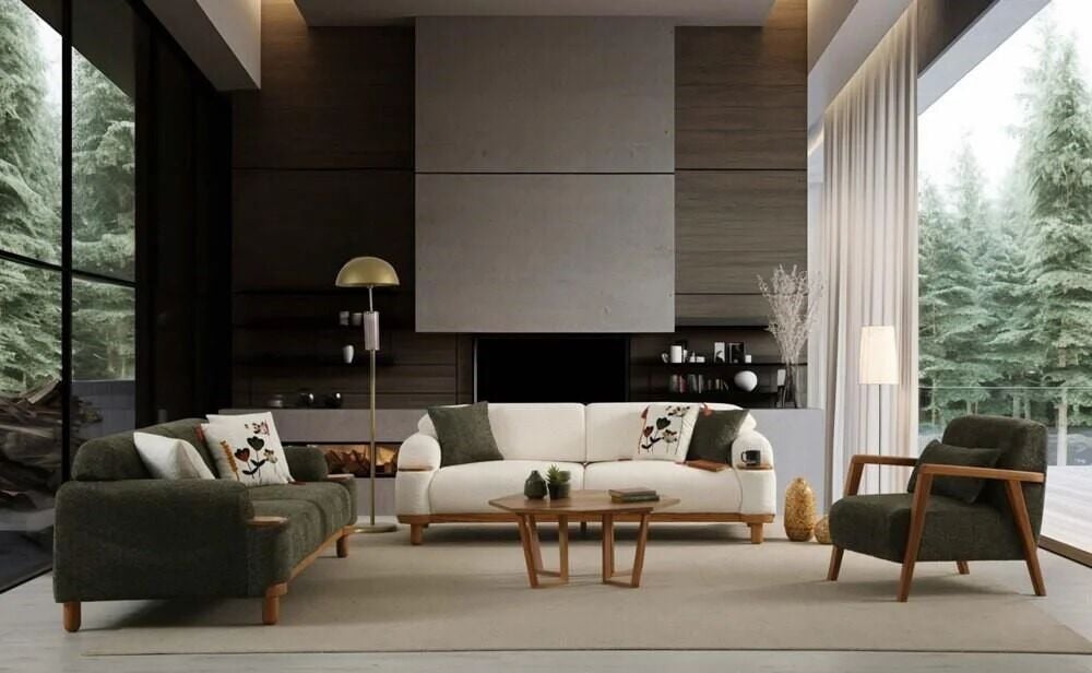 İPEĞİM BOHEM 3+3+1 KOLTUK TAKIMI(3LÜ VE TEKLİ PANDORA 10 YEŞİL+3LÜ PANDORA 21 KREM)