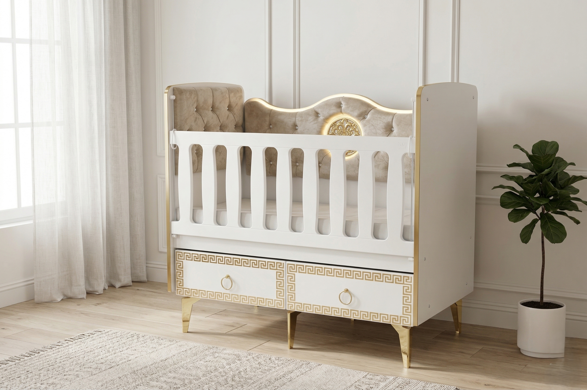 EFENDİ BEBE IŞIKLI LEDLİ KAPİTONELİ 60*120 BEŞİK SETİ(BEŞİK+YATAK)