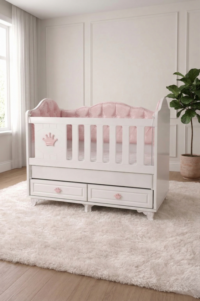 EFENDİ BEBE YUYA AYAKLI PEMBE KAPİTONELİ 60*120 BEŞİK SETİ(BEŞİK+YATAK)