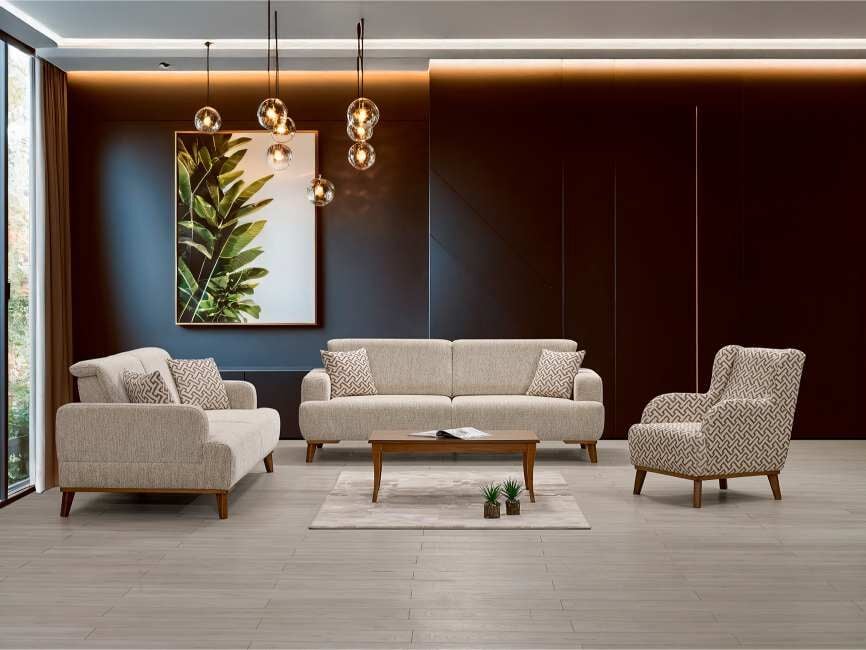 RAHAT ZİRVE 3+3+1 KOLTUK TAKIMI(2 AD.3LÜ RHT248 BEJ+TEKLI RHT247 DESENLI)