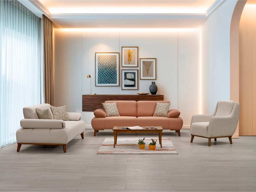 RAHAT HEDEF 3+3+1 KOLTUK TAKIMI(1 3LÜ RHT211 TURUNCU+1 3LÜ RHT212 KREM+TEKLİ RHT215 DESENLİ)