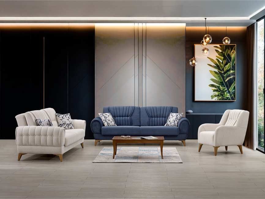 RAHAT HARİKA 3+3+1 KOLTUK TAKIMI(1 3LÜ VE TEKLİ RHT231 P.MAVİSİ+1 3LÜ 227 ACI KAHVE)