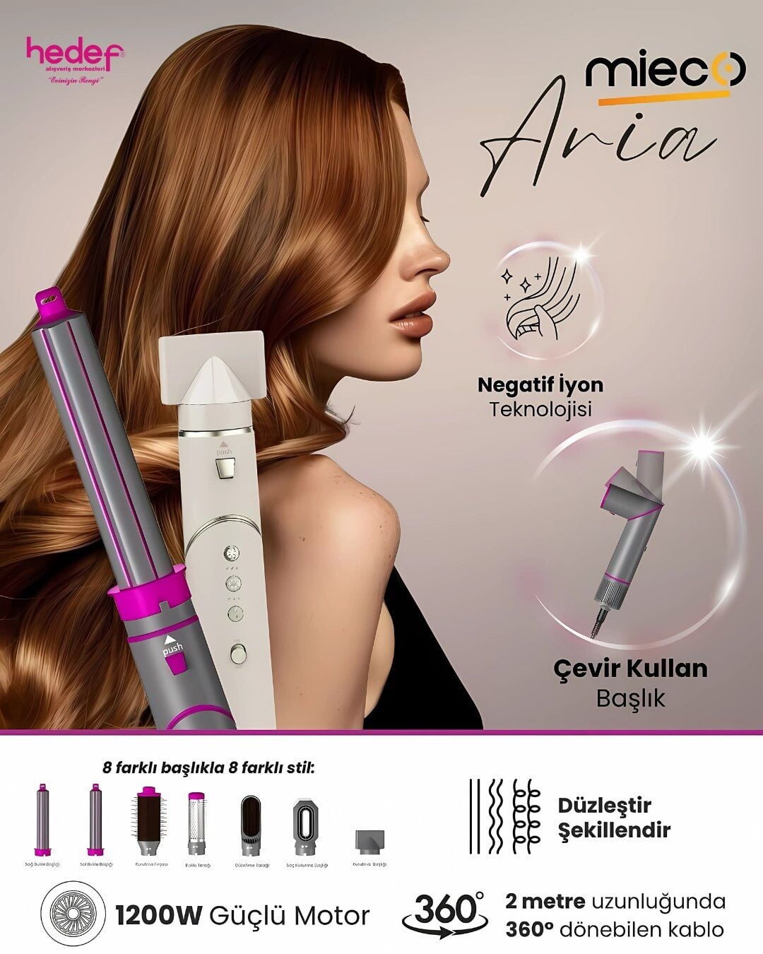 MİECO ARİA 8 İN 1 SAÇ KURUTMA VE ŞEKİLLENDİRME SETİ GREY-PEMBE