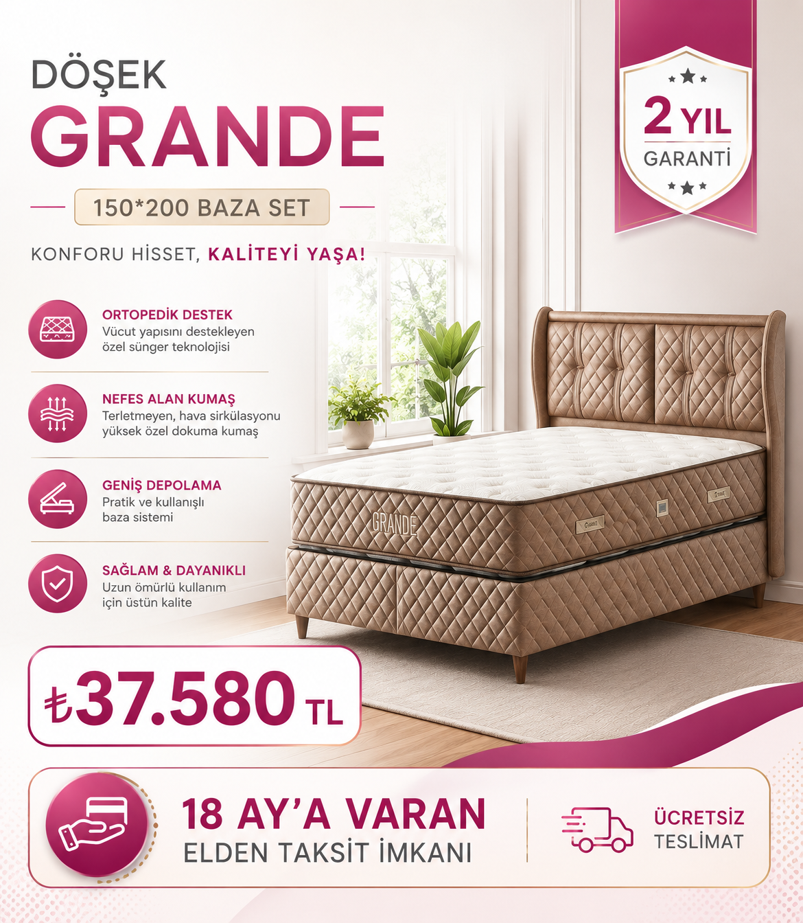 DÖŞEK GRANDE 150*200 BAZA SET
